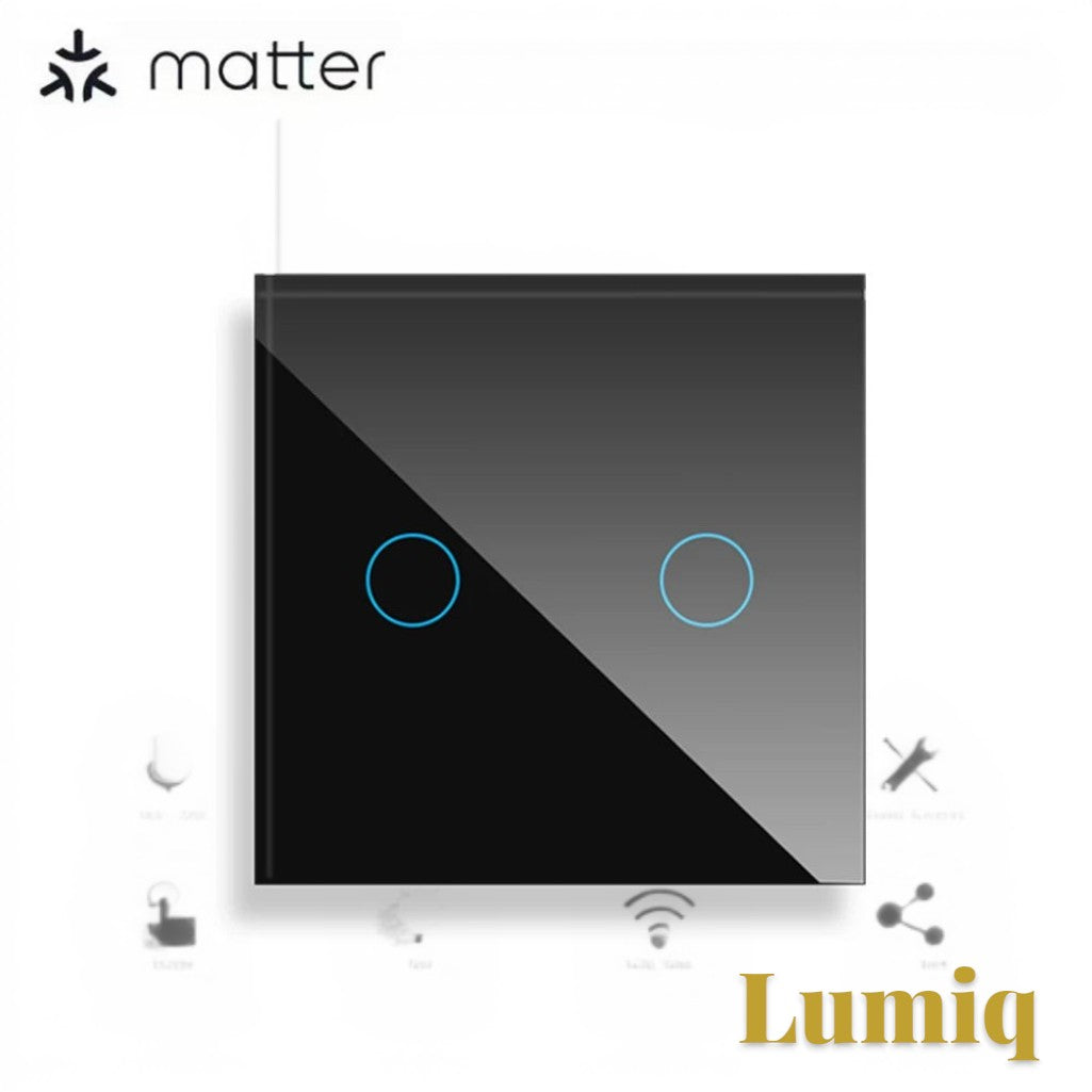 Gr8est Lumiq 2-gang black tempered glass smart touch switch with Matter protocol and glowing blue LED indicators