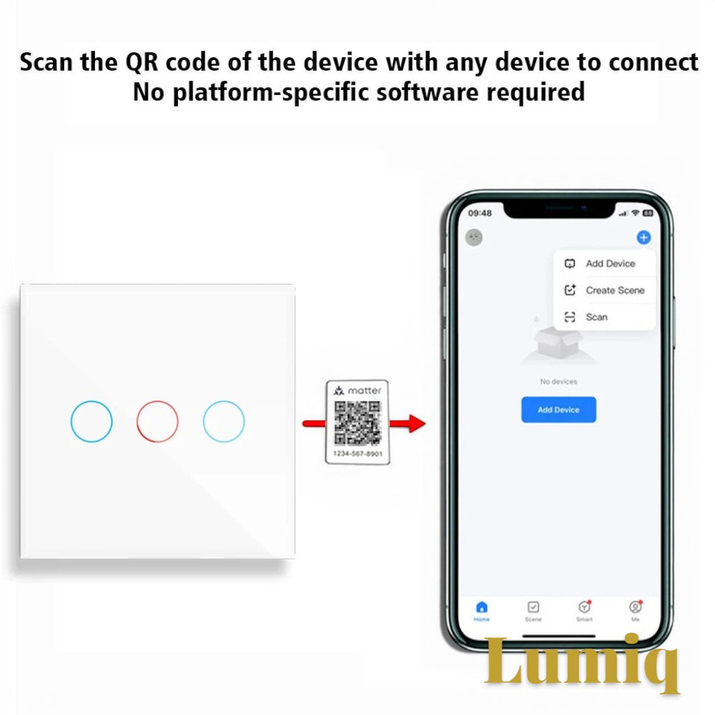 Gr8est Lumiq 3-gang smart touch switch with tempered glass panel being paired to a smartphone via Matter QR code