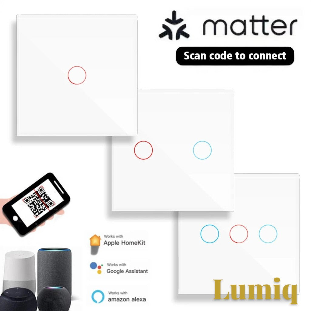 Gr8est Lumiq Matter smart touch switches in white tempered glass with 1, 2, and 3 gang options and QR code setup.
