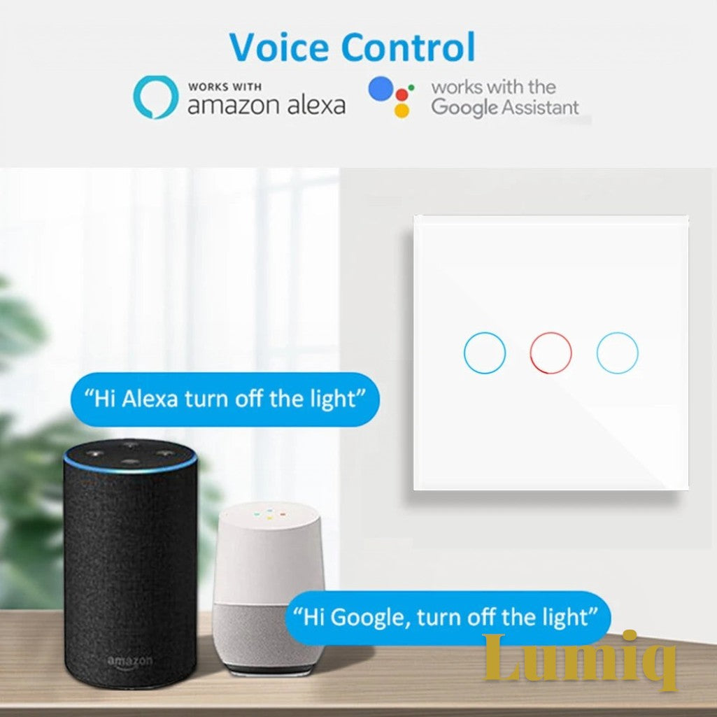 Gr8est Lumiq white 3-gang tempered glass smart touch switch with Alexa and Google Home voice control integration