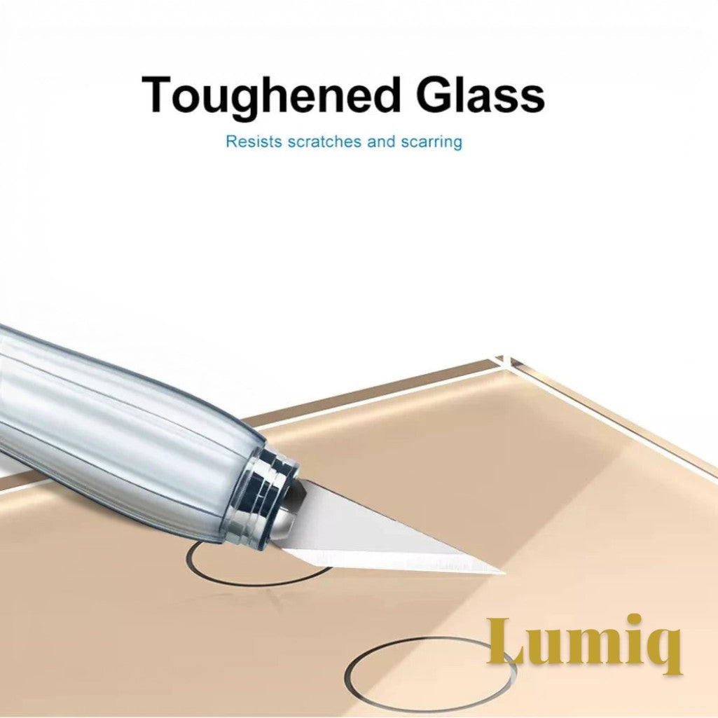 Gr8est Lumiq smart switch featuring a scratch-resistant tempered glass panel being tested with a metal blade.