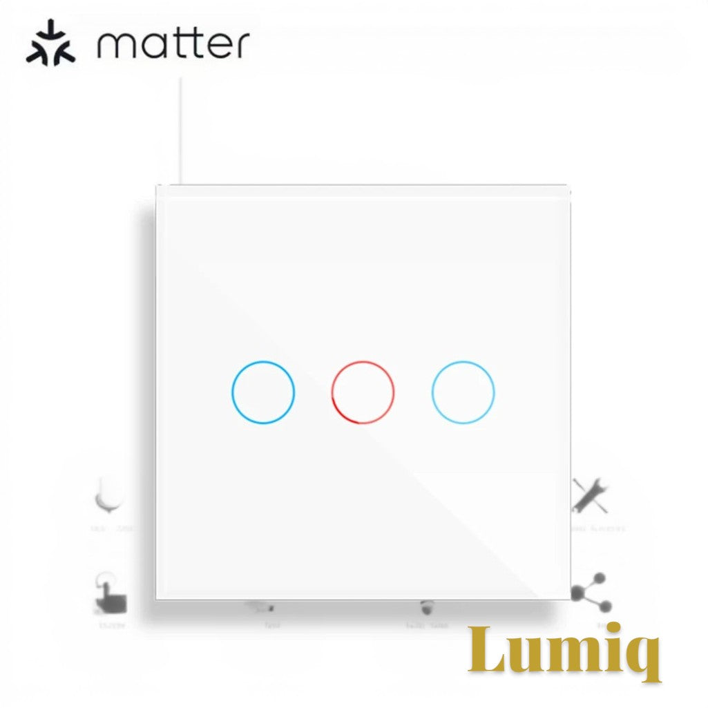 Gr8est Lumiq 3-gang white tempered glass smart touch switch with Matter protocol and LED status indicators.
