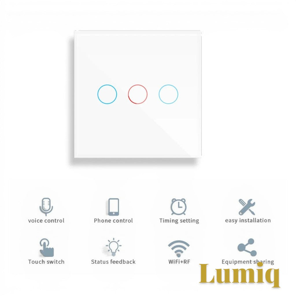 Gr8est Lumiq 3-gang white tempered glass smart touch switch with LED status indicators for home lighting control