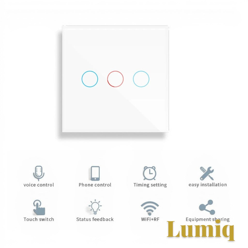Gr8est Lumiq 3-gang white tempered glass smart touch switch with LED status indicators for home lighting control