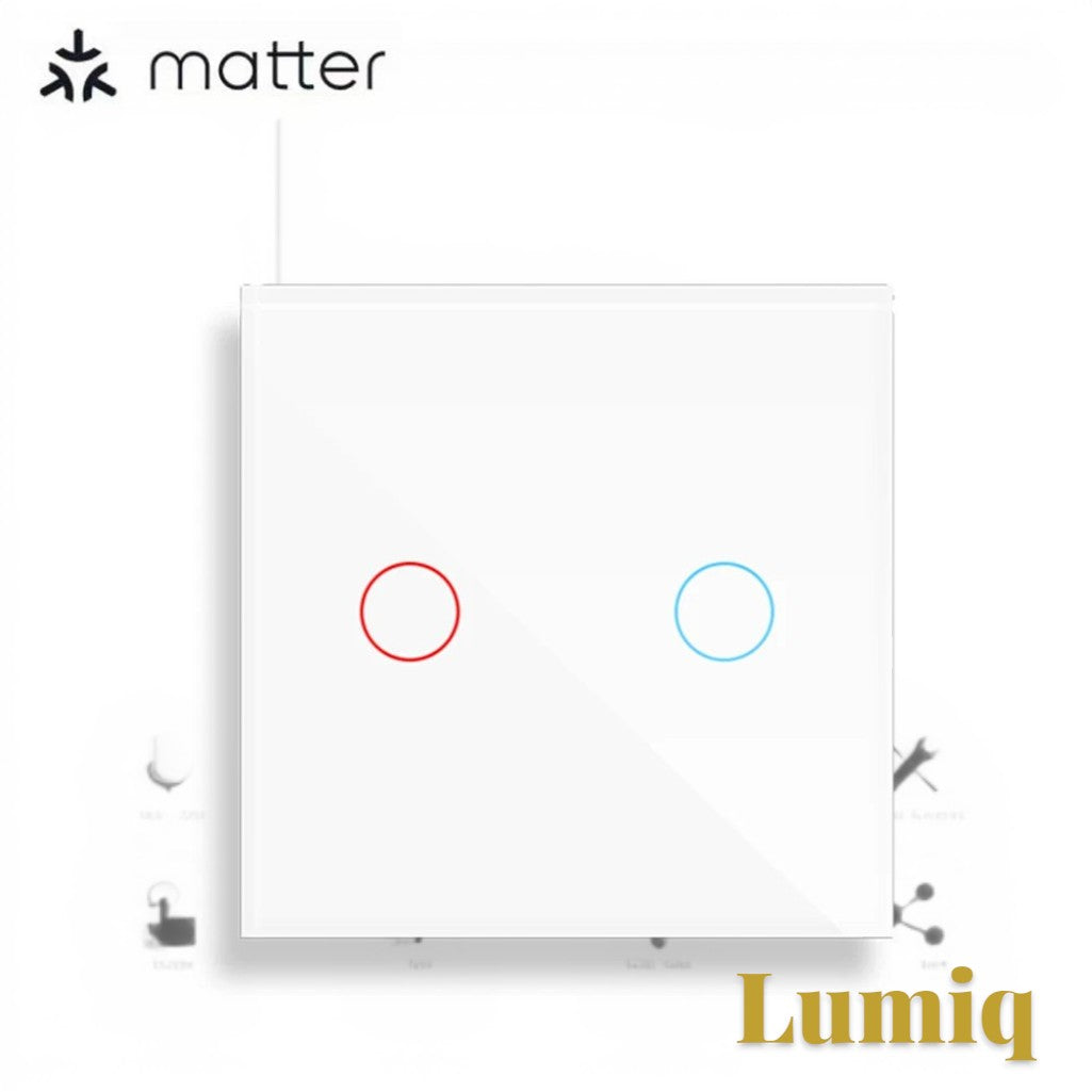Gr8est Lumiq white 2-gang Matter smart touch switch with tempered glass panel and LED status indicators