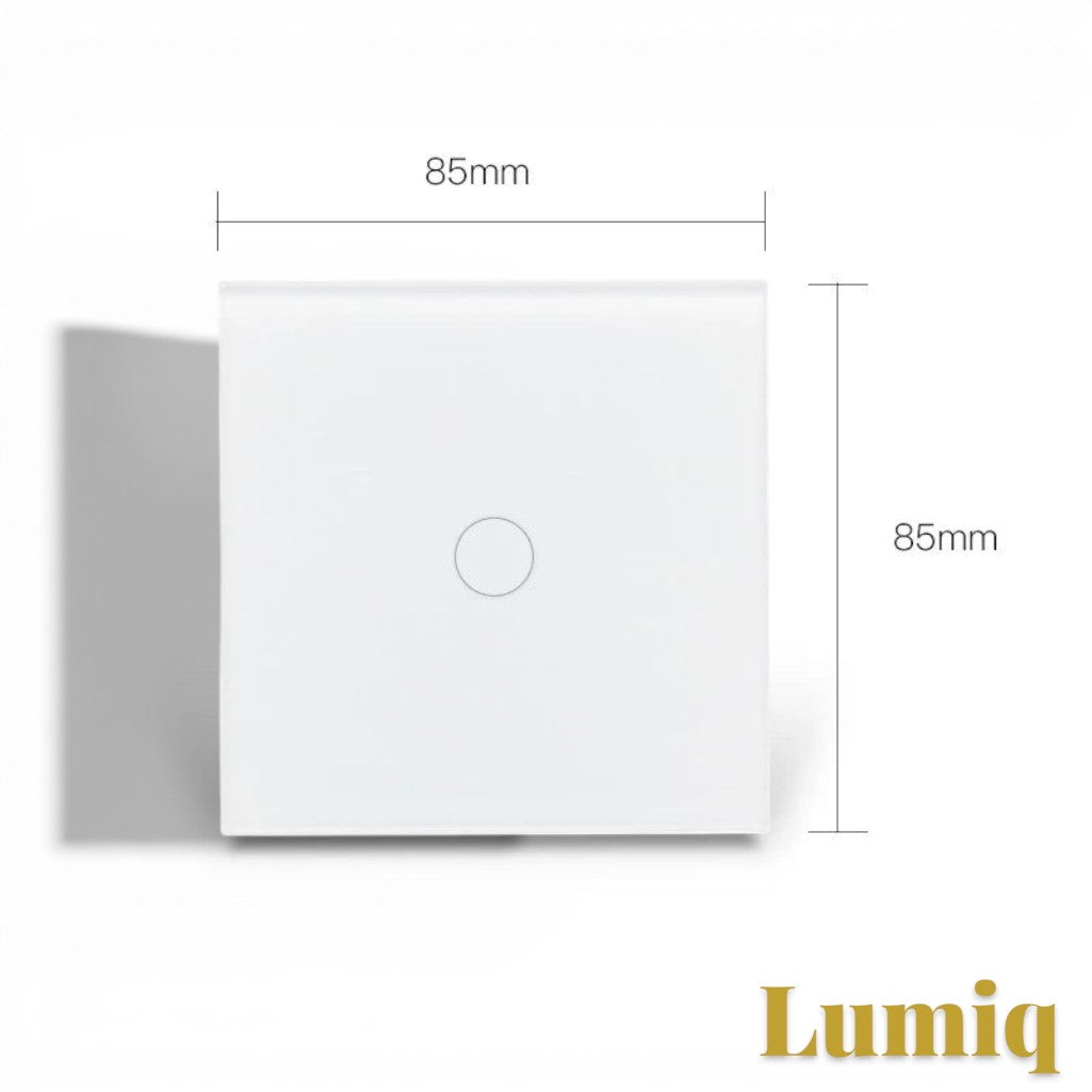 Gr8est Lumiq white 1-gang smart touch switch with tempered glass panel and dimensions shown in a technical diagram.