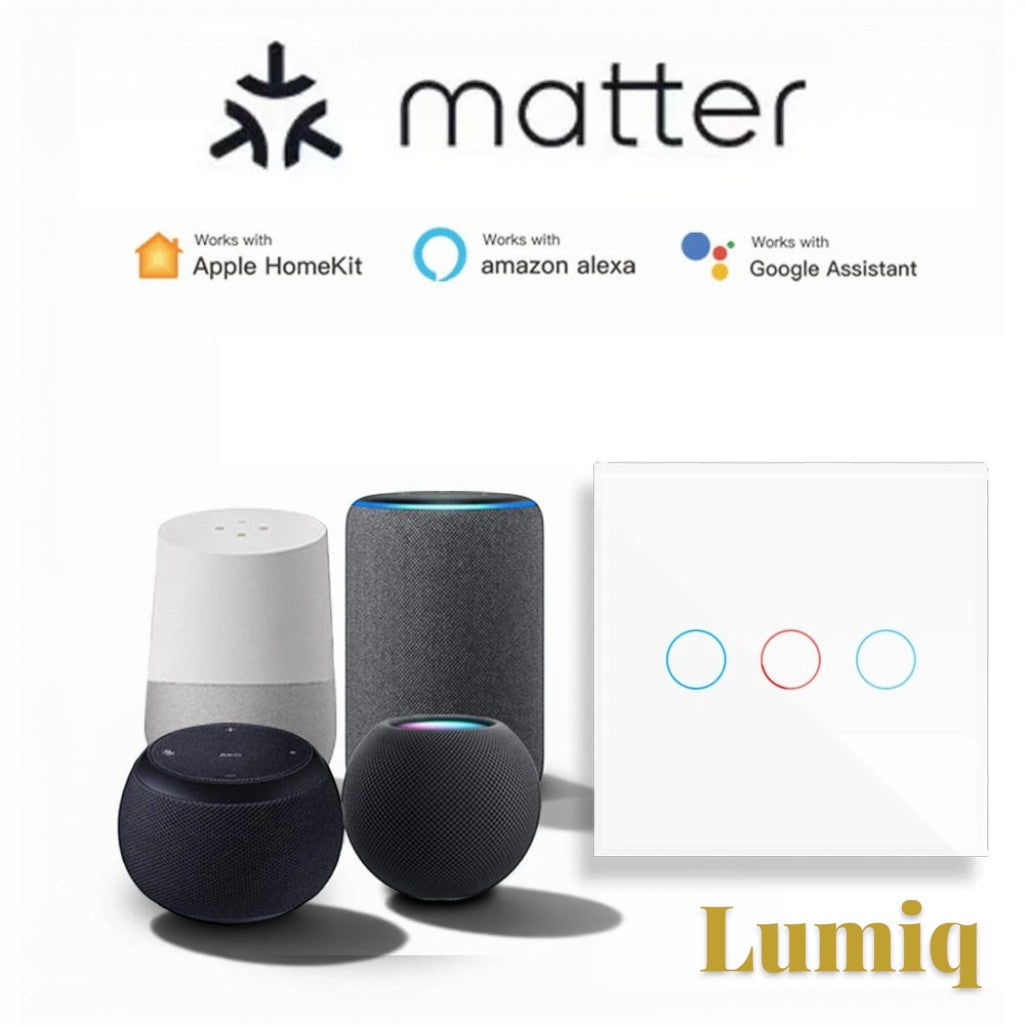 Gr8est Lumiq white 3-gang tempered glass smart touch switch compatible with Matter, Alexa, and Google Home