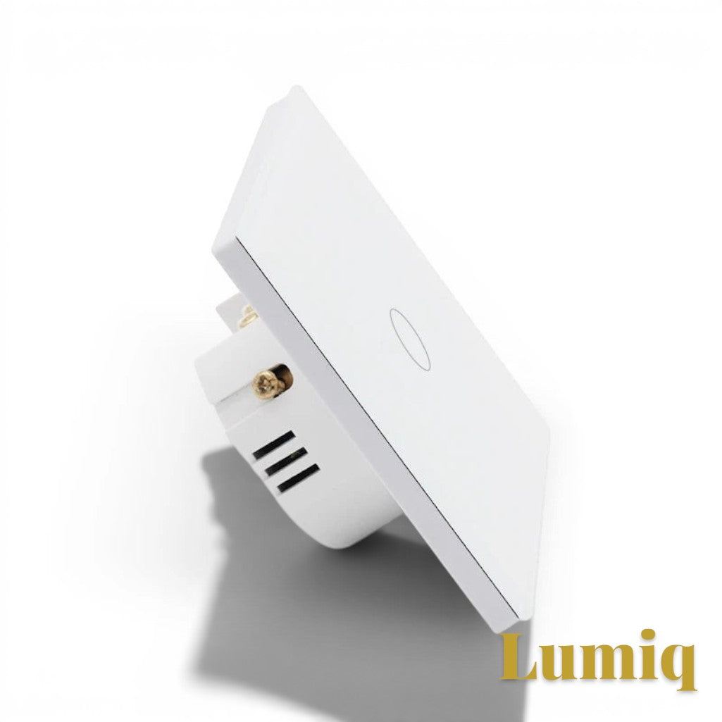 Gr8est Lumiq white Matter smart touch switch with a sleek tempered glass panel and single gang design