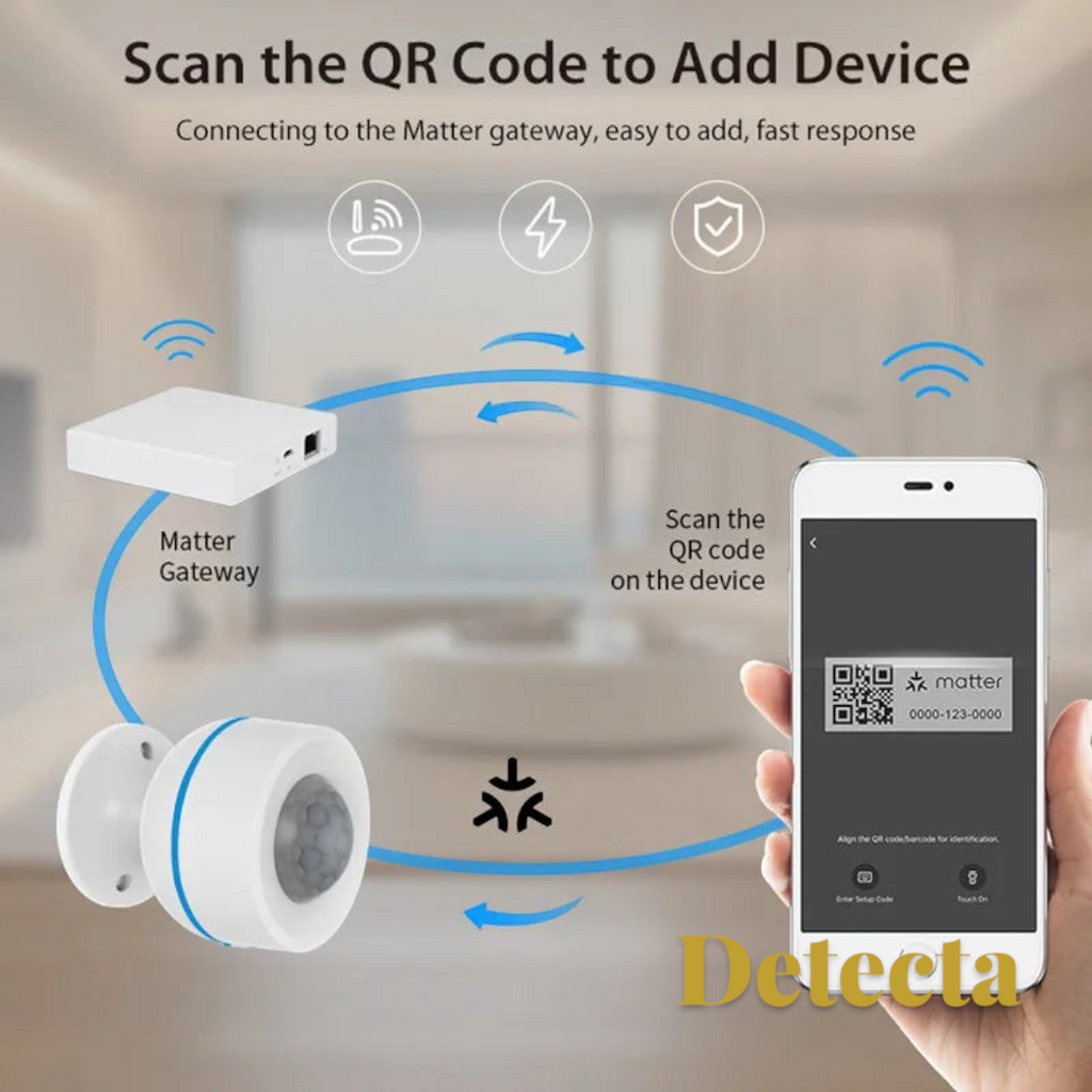 Gr8est Matter smart PIR motion sensor being set up with a smartphone QR code scan and gateway connection