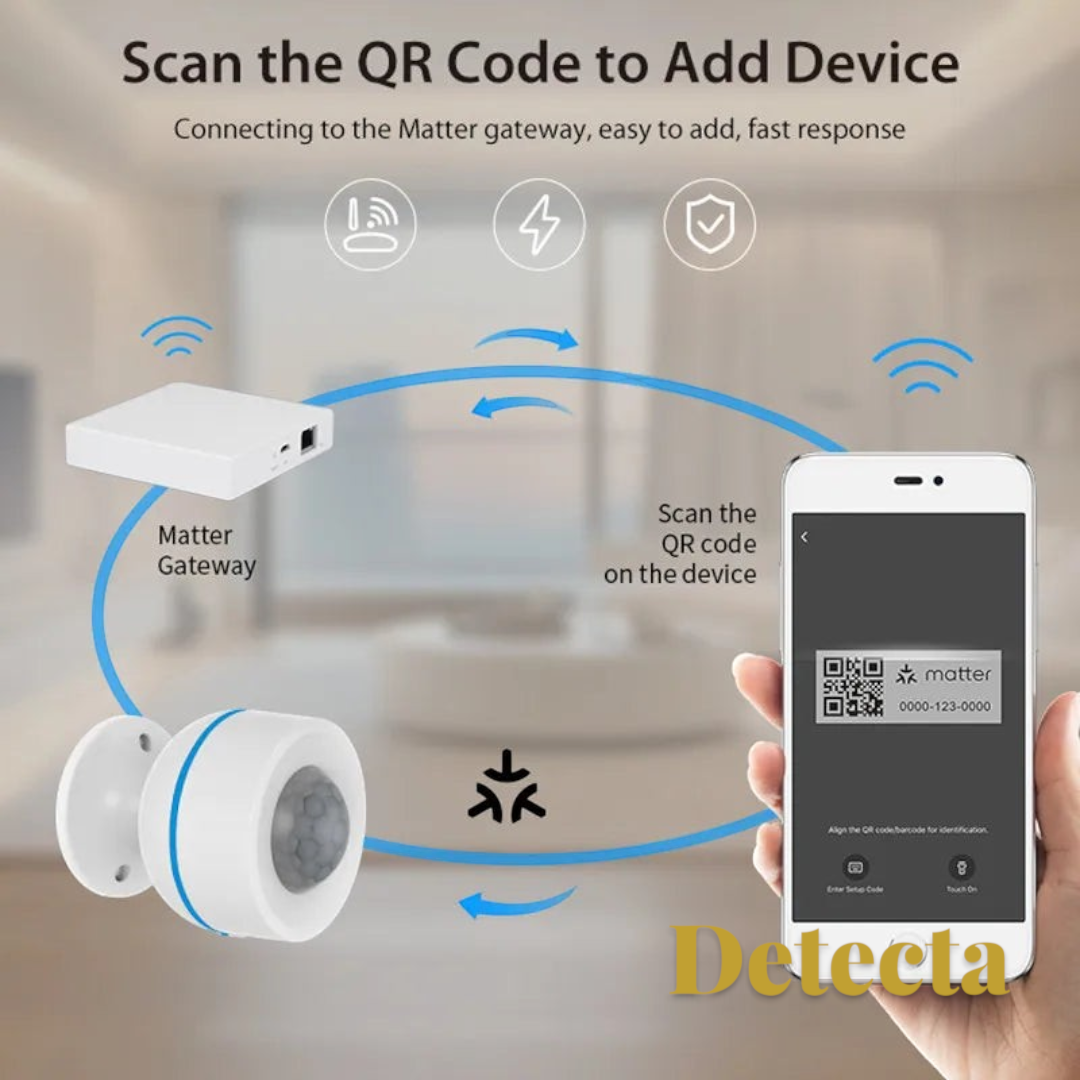 Gr8est Matter smart PIR motion sensor being set up with a smartphone QR code scan and gateway connection