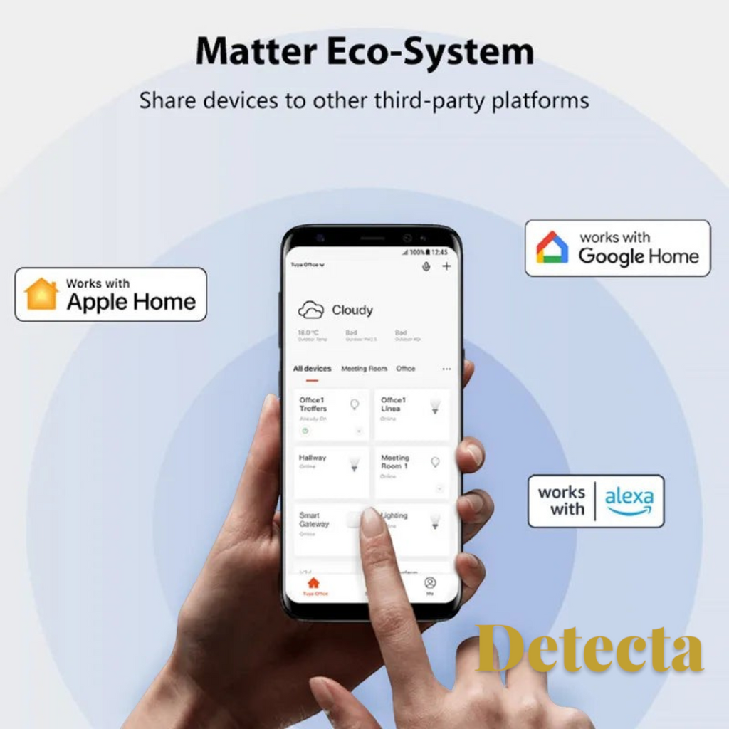 Gr8est smart home app interface on a smartphone showing Matter ecosystem integration with Apple, Google, and Alexa.