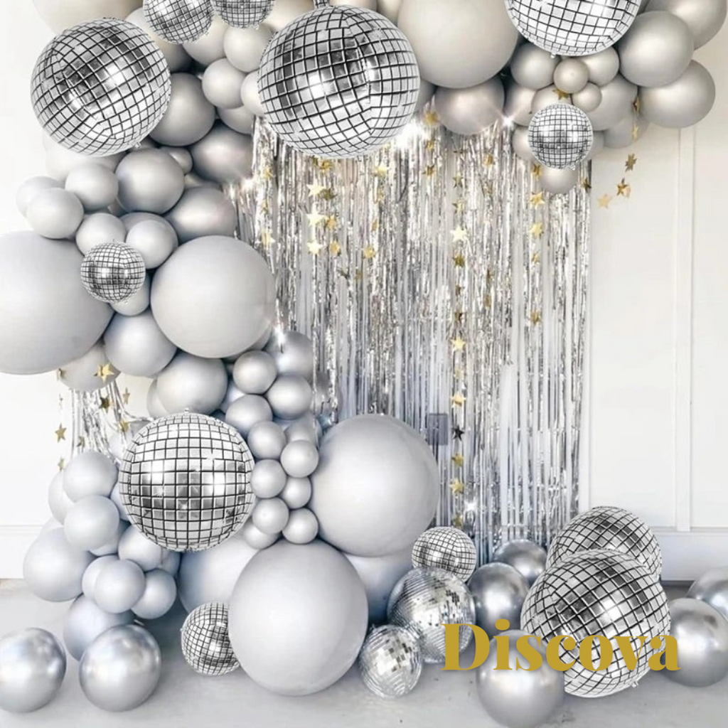 Gr8est 22-inch metallic silver 4D disco ball foil balloons arranged in a festive party arch with silver streamers