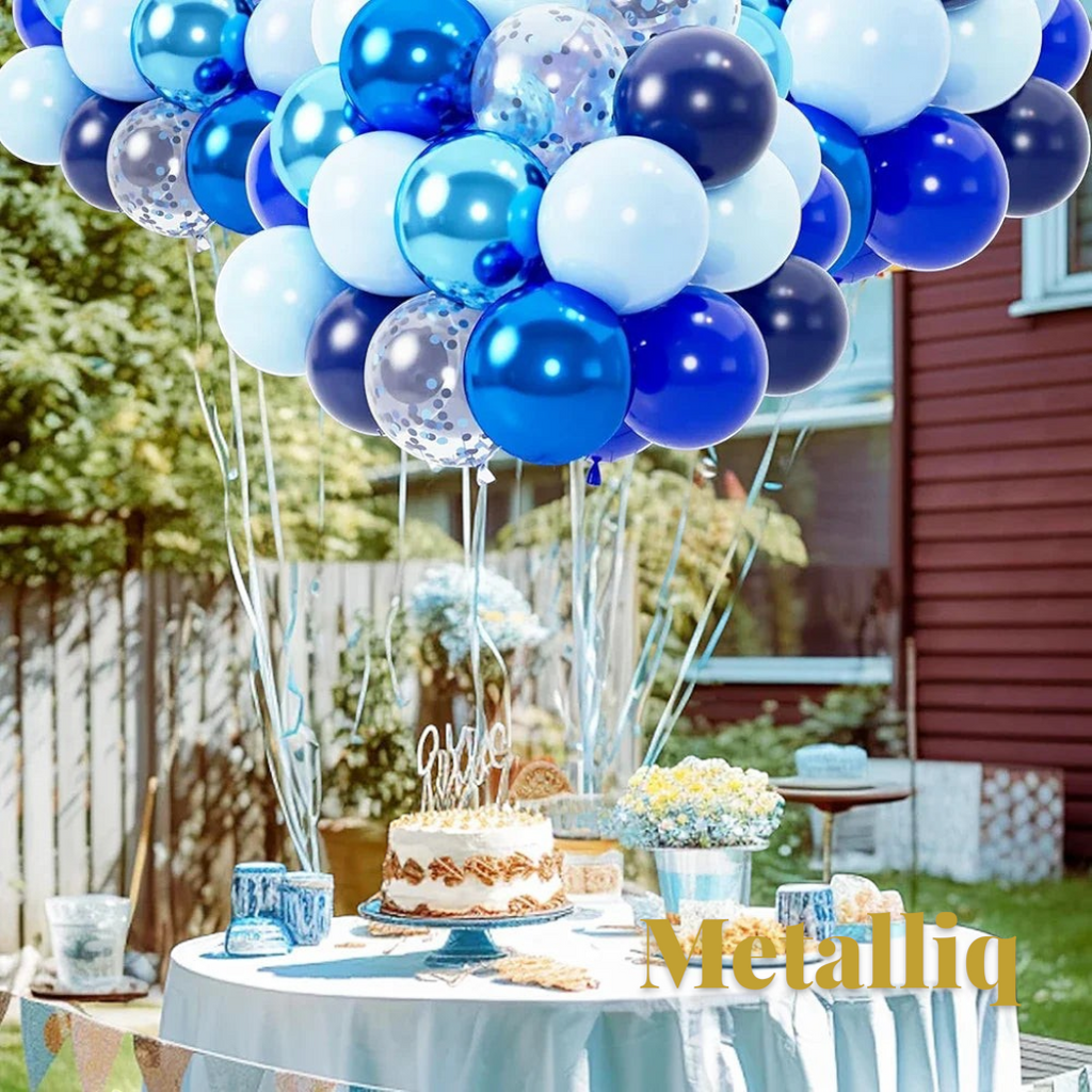 Gr8est Metalliq blue chrome metallic latex balloons in a festive outdoor party setting over a decorated cake table