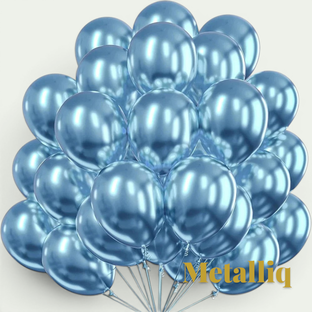 Gr8est Metalliq blue chrome metallic latex balloons in a large bunch with a high-shine mirror finish for party decor