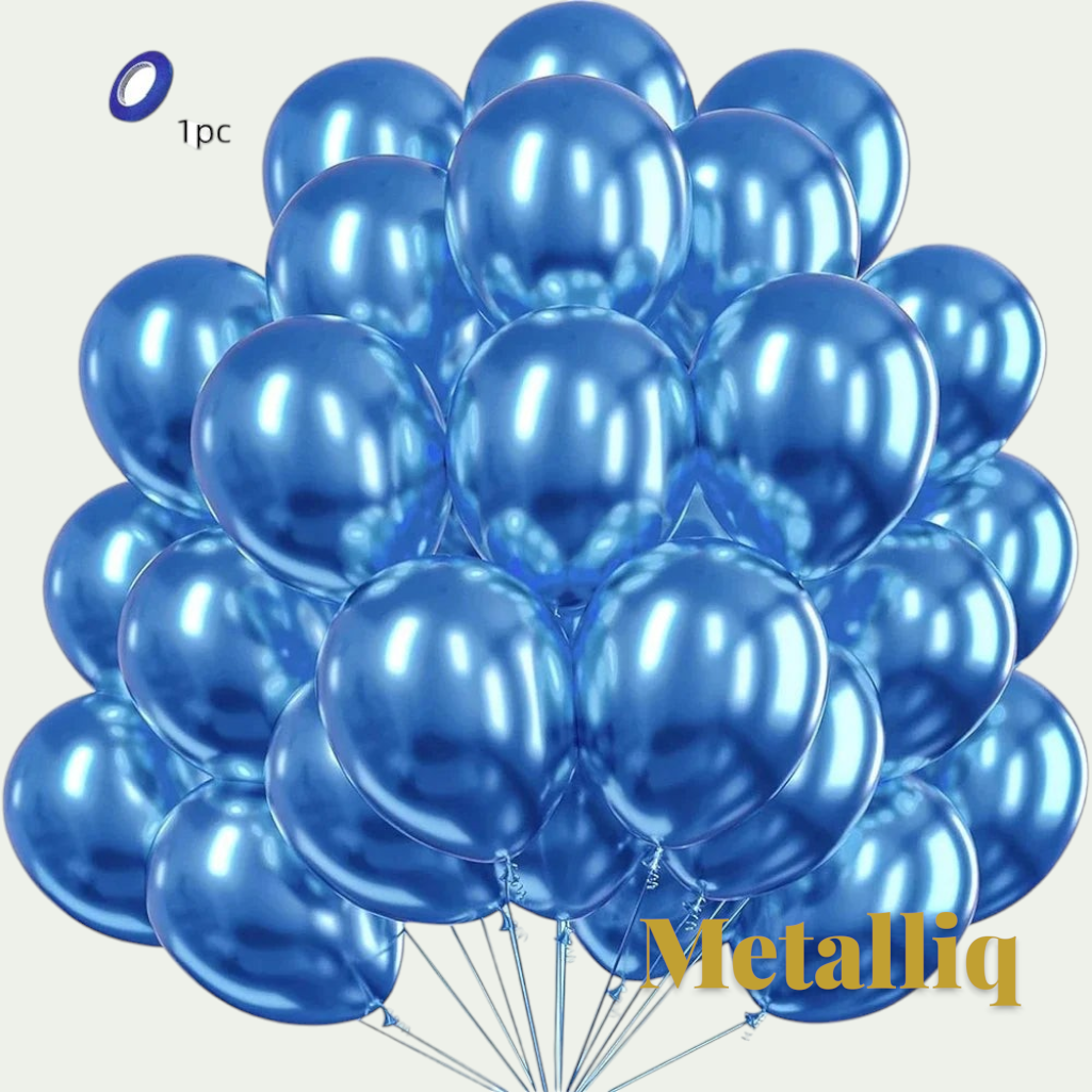 Gr8est Metalliq blue chrome metallic latex balloons with a high-shine mirror finish for party decorations.