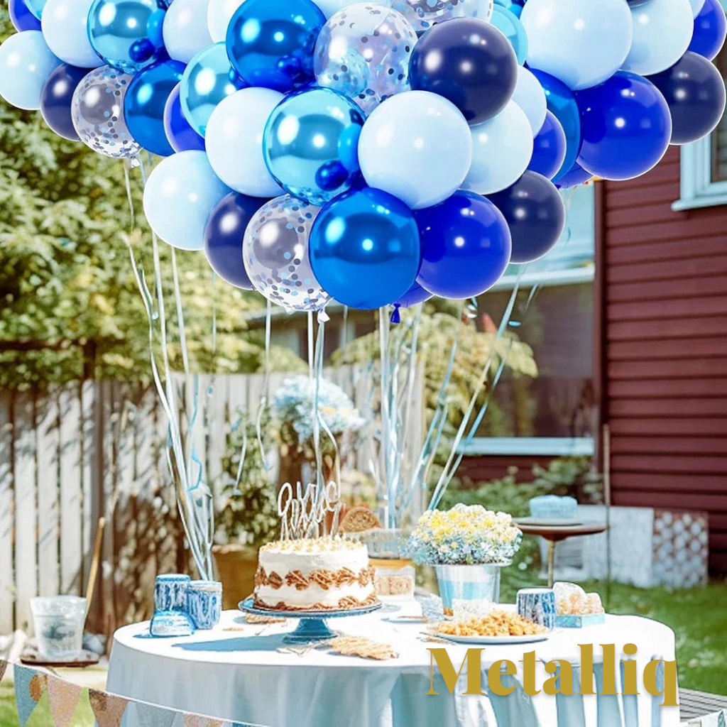 Gr8est Metalliq blue chrome metallic latex balloons in various shades and sizes floating above a party table