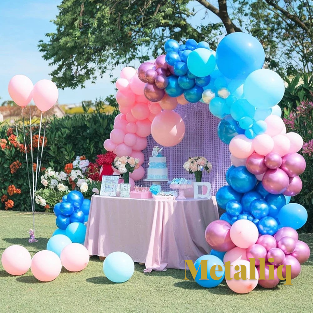 Gr8est Metalliq chrome metallic latex balloon arch in pink and blue for a baby shower party decoration