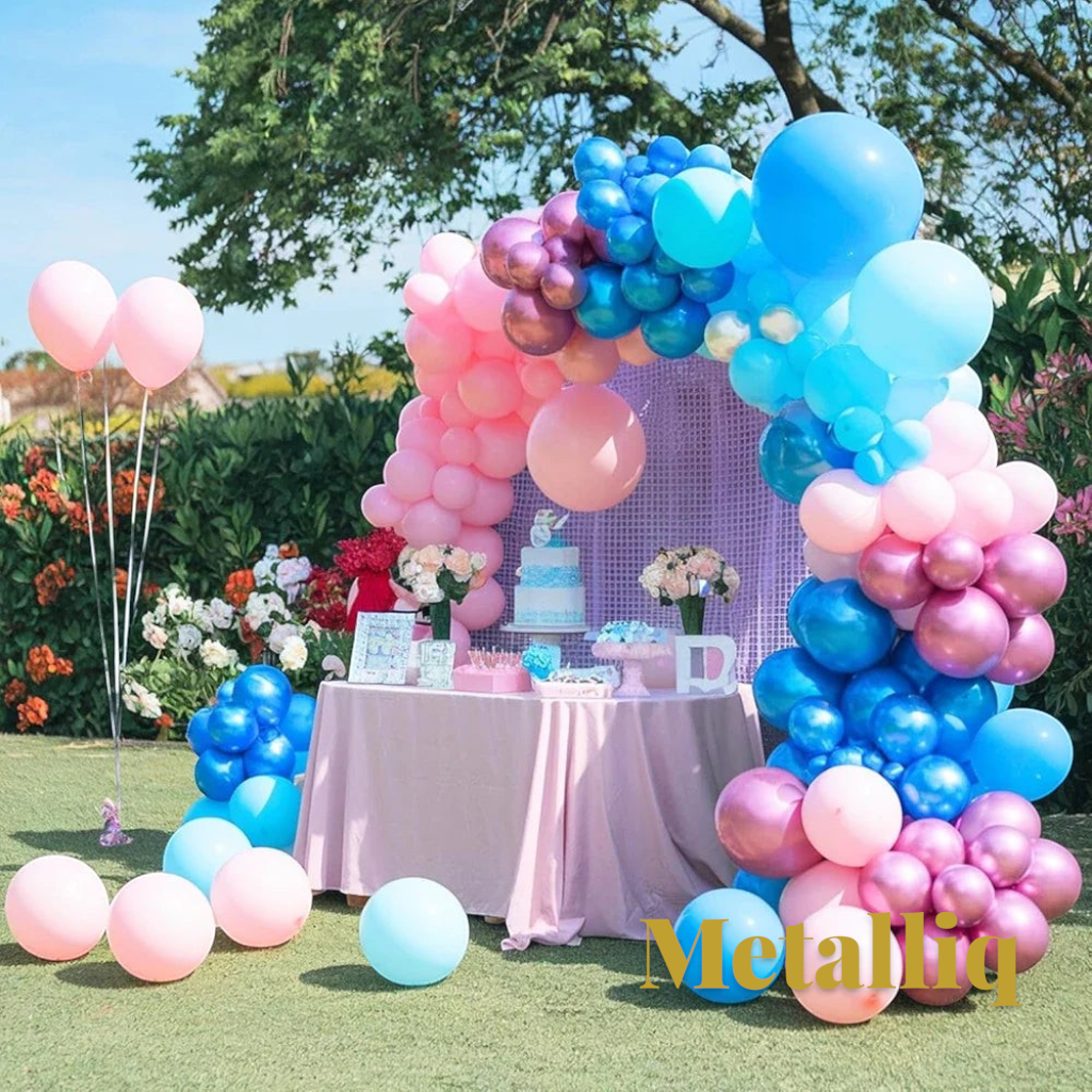 Gr8est Metalliq chrome metallic latex balloon arch in pink, blue, and purple for an outdoor party celebration.
