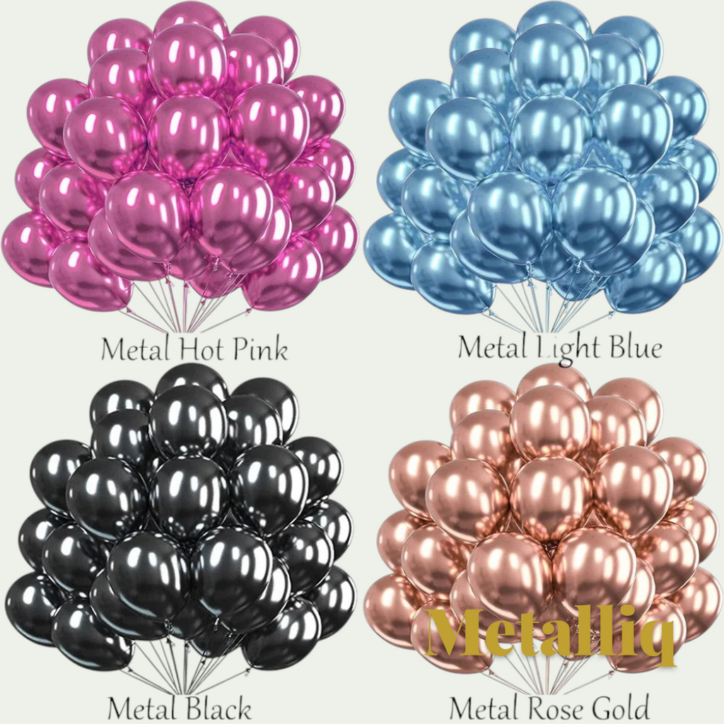 Gr8est Metalliq chrome metallic latex balloons in hot pink, light blue, black, and rose gold for party decorations.