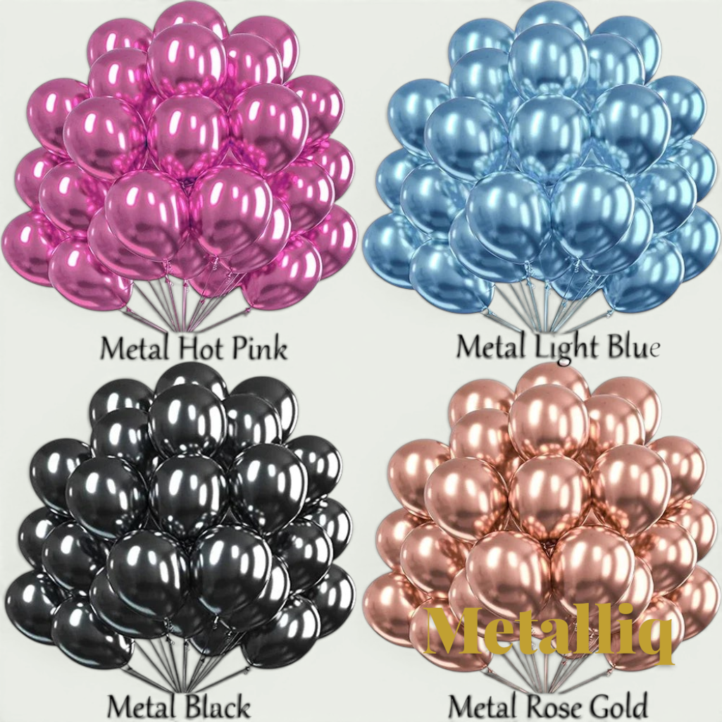 Gr8est Metalliq chrome metallic latex balloons in hot pink, light blue, black, and rose gold for party decorations