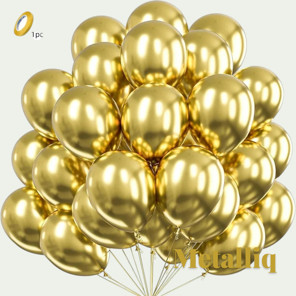 Gr8est Metalliq gold chrome metallic latex balloons in a large bunch with a high-shine mirror-like finish