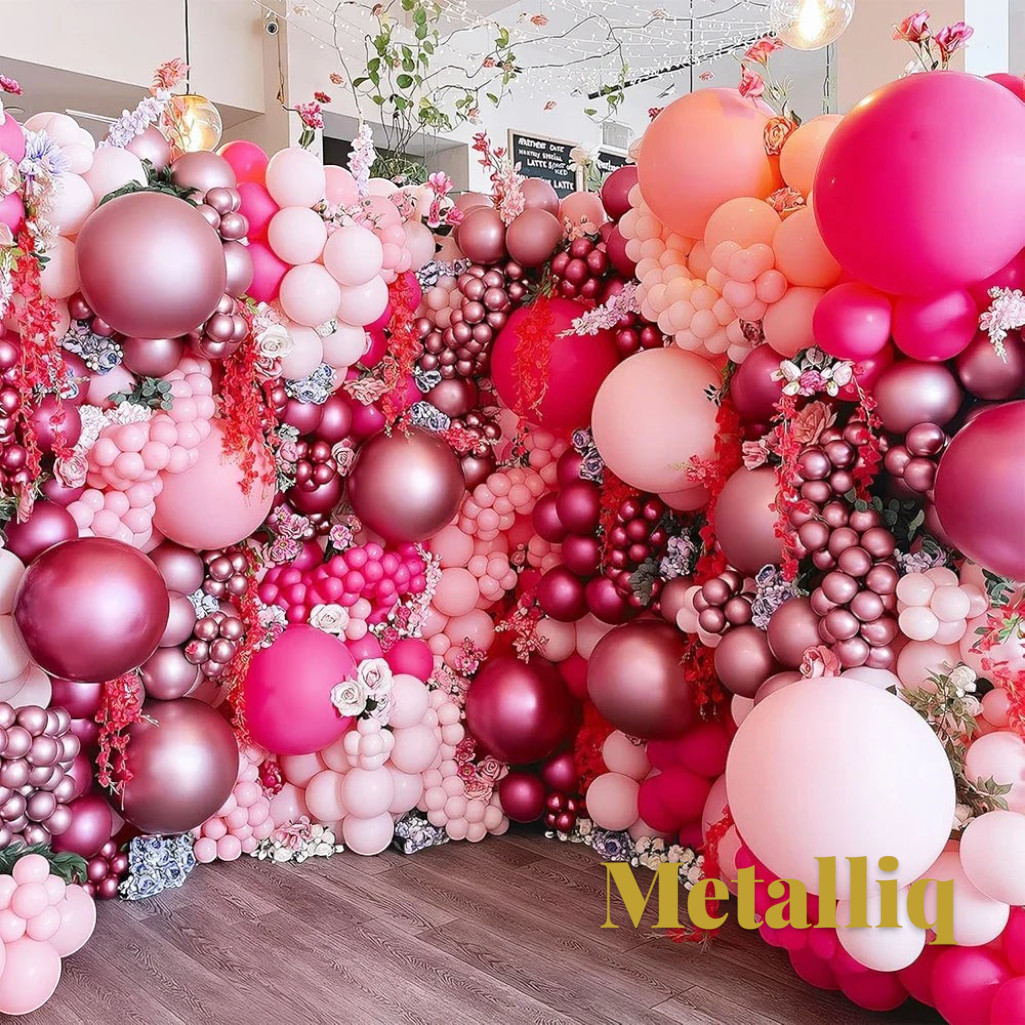 Gr8est Metalliq chrome metallic latex balloons in various shades of pink and rose gold for party decoration