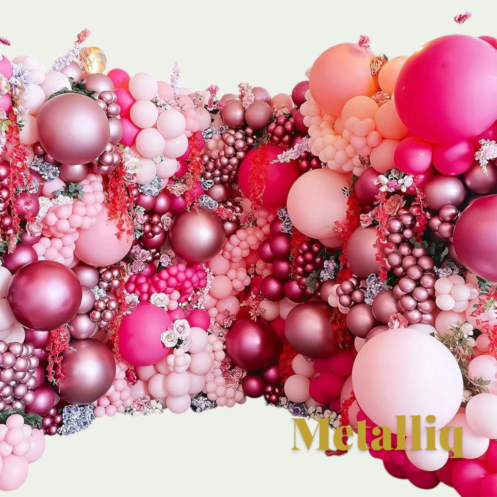 Gr8est Metalliq chrome metallic latex balloons in various shades of pink and rose gold for party decoration
