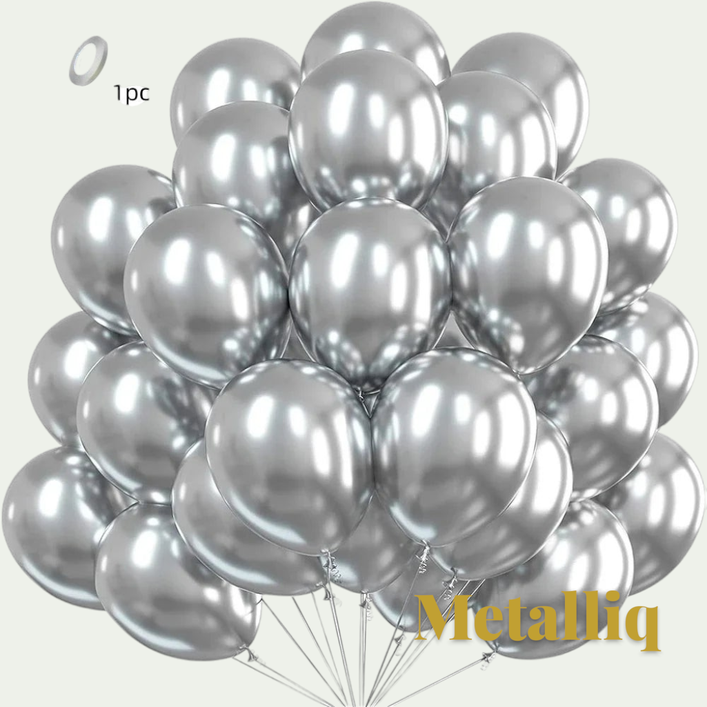 Gr8est Metalliq silver chrome metallic latex balloons in a large bunch with a high-shine mirror-like finish for parties