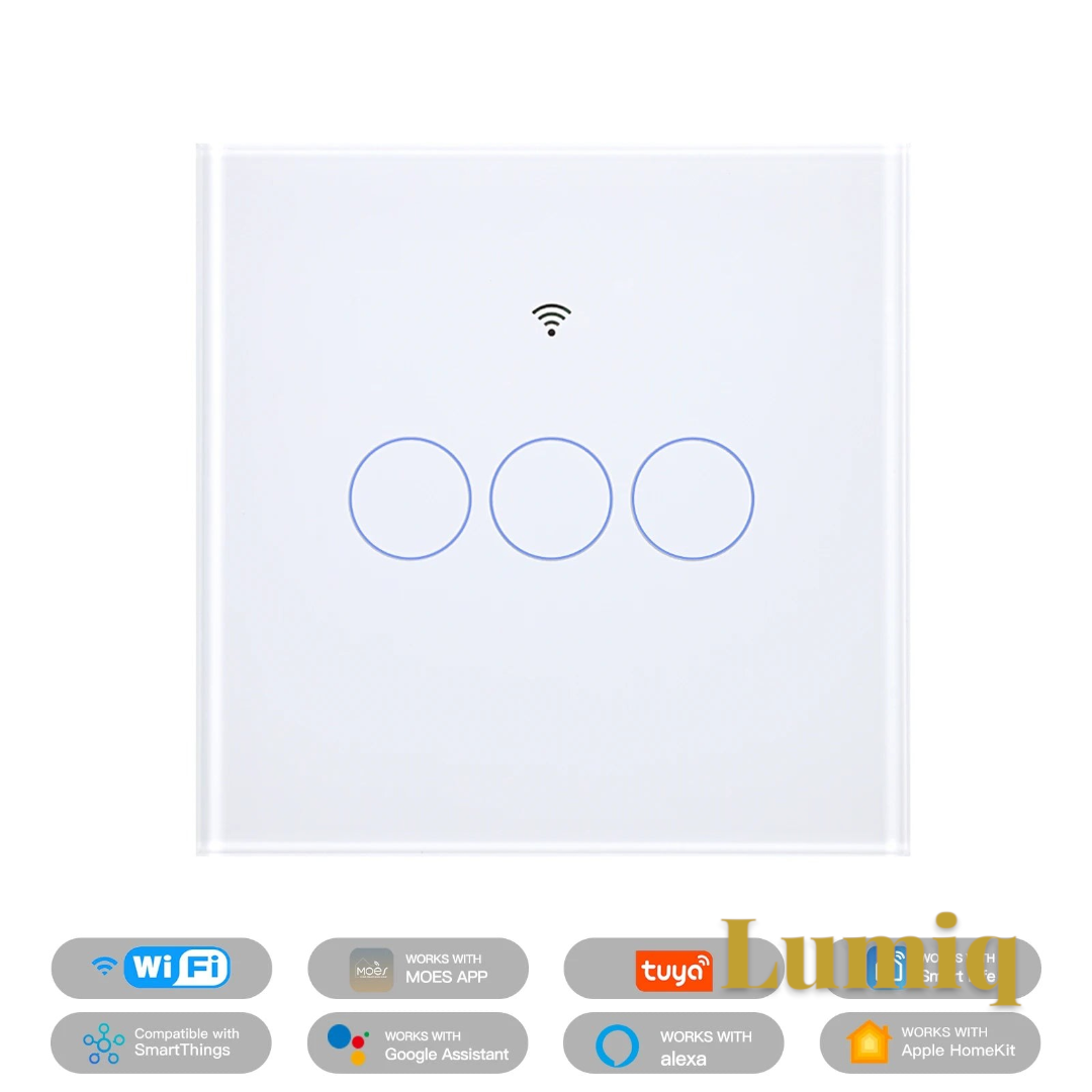 Gr8est MOES 3-gang smart touch light switch with white glass panel, WiFi and Matter support for smart home systems.