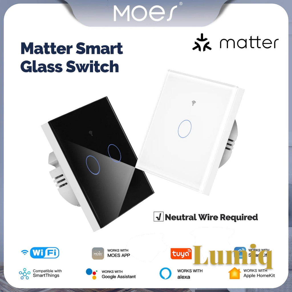 Gr8est MOES Matter smart glass light switches in black and white with touch panels and WiFi connectivity