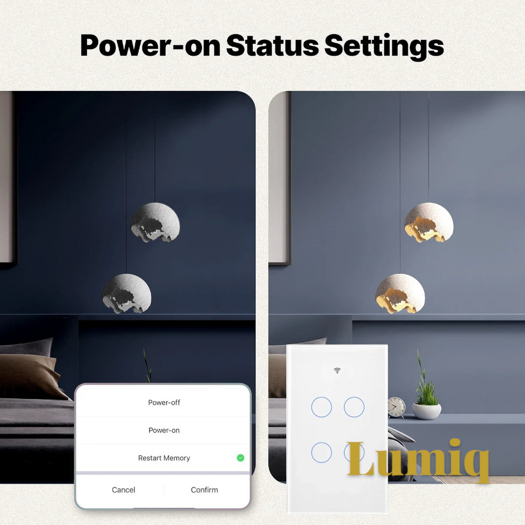 Gr8est MOES smart glass touch light switch panel with power-on status settings displayed in a modern bedroom