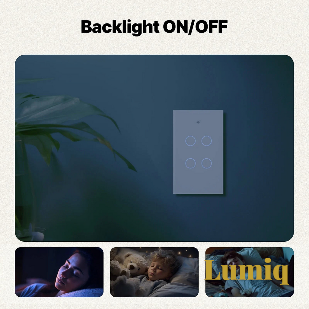 Gr8est MOES smart glass touch light switch with adjustable backlight, shown in a dark bedroom setting.