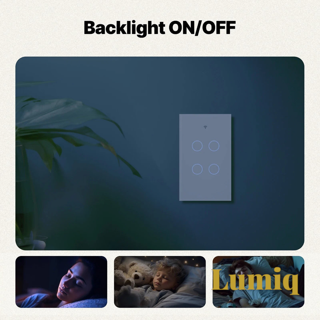 Gr8est MOES smart glass touch light switch with adjustable backlight, shown in a dark bedroom setting.
