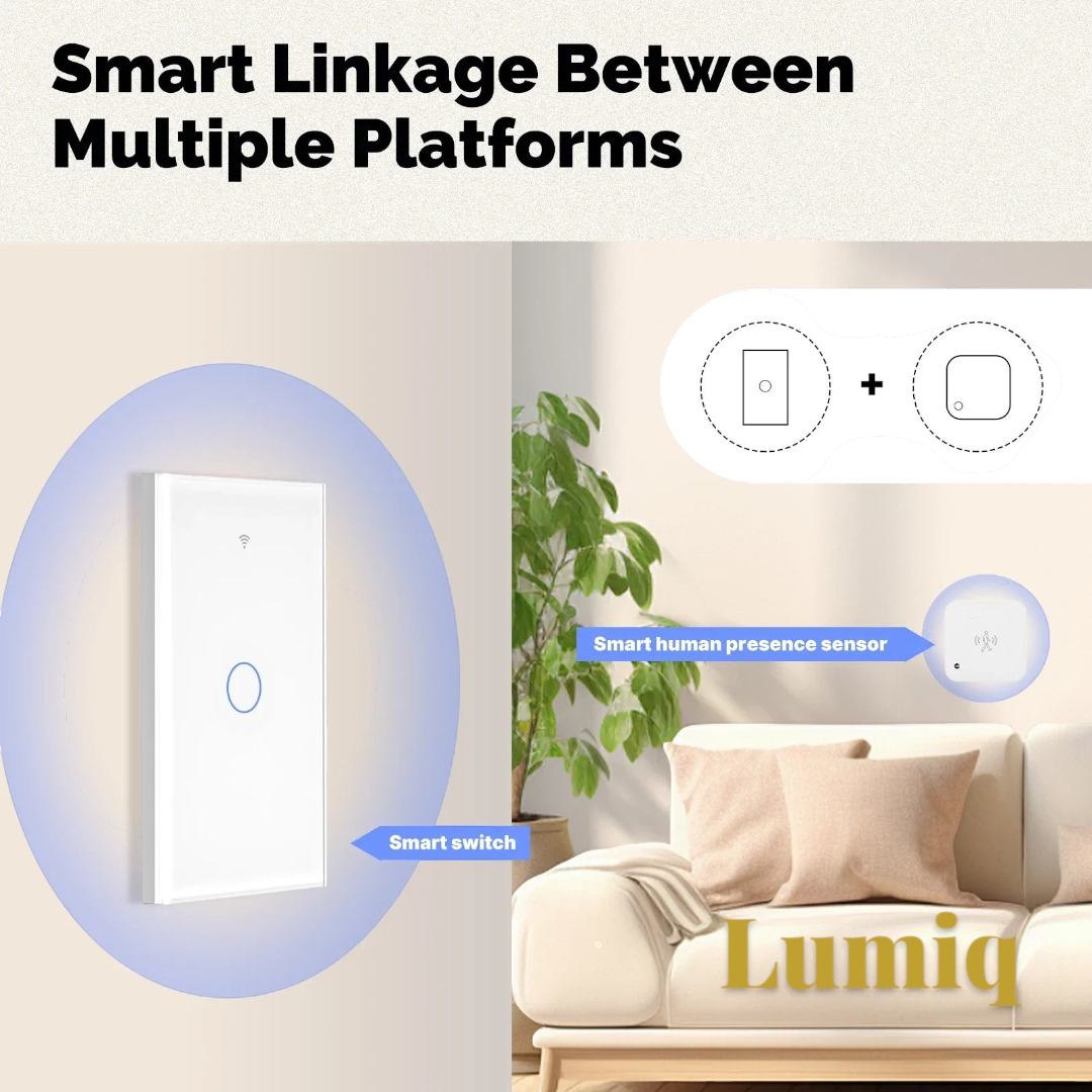 Gr8est MOES smart glass touch light switch in a modern living room with smart human presence sensor linkage
