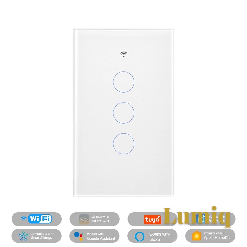 Gr8est MOES smart glass touch light switch with three buttons, WiFi connectivity, and Matter support