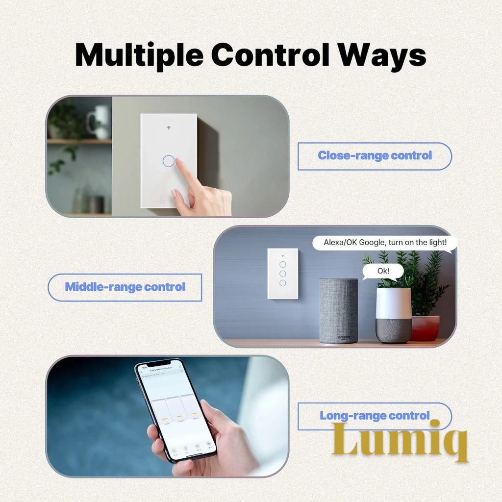 Gr8est MOES smart light switch showing touch, voice, and app control methods for home automation