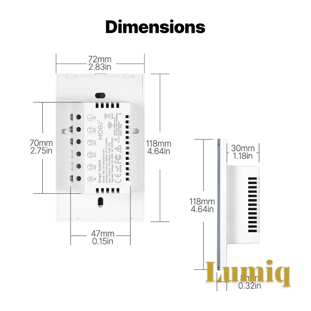 Gr8est MOES smart light switch technical diagram showing dimensions for EU and US installation models