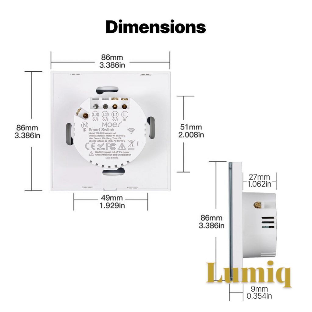 Gr8est MOES smart light switch technical dimensions diagram showing front and side profile measurements in mm and inches