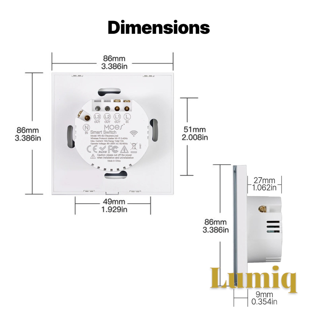 Gr8est MOES smart light switch technical dimensions diagram showing front and side profile measurements in mm and inches