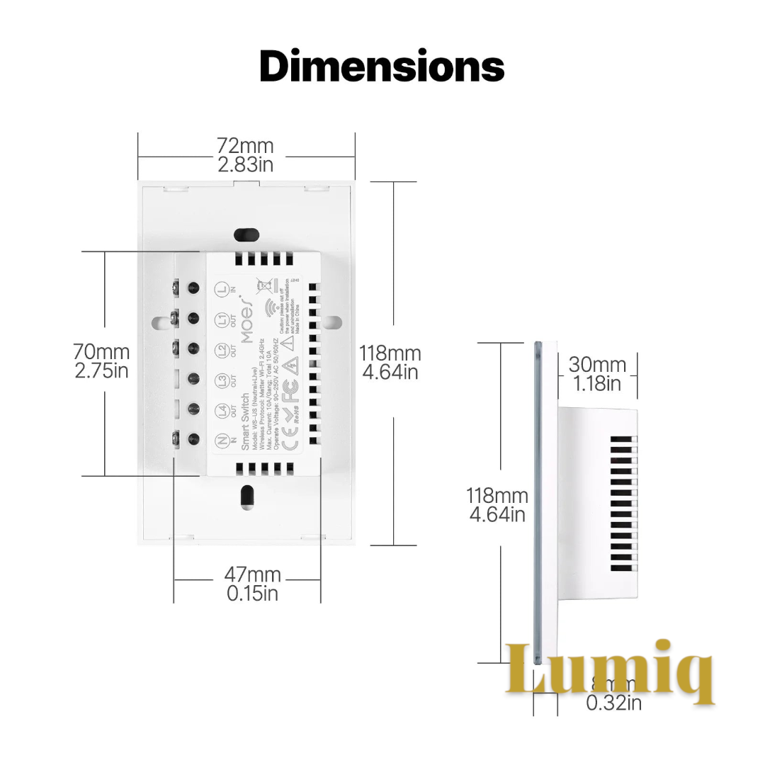 Gr8est MOES smart light switch technical dimension diagram showing US standard size measurements in mm and inches
