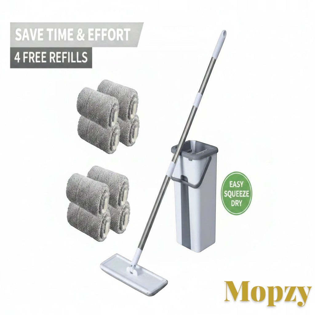 Gr8est Mopzy spin mop and bucket set with four extra grey microfiber mop head refills for efficient floor cleaning