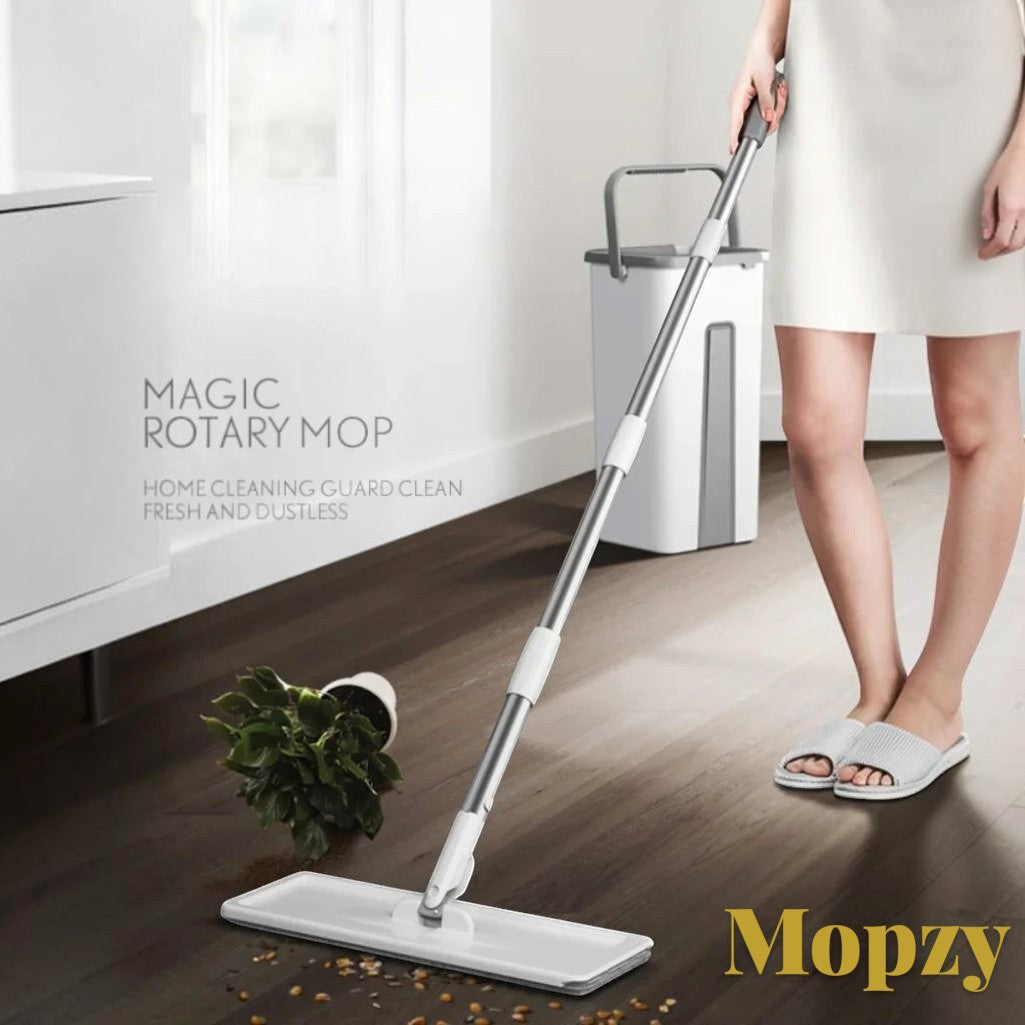 Gr8est Mopzy spin mop and bucket set with microfiber head cleaning hardwood floors in a modern home