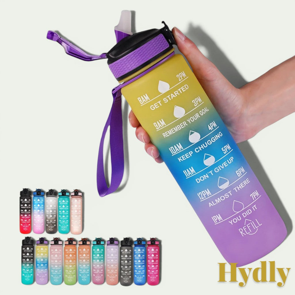Gr8est 1L motivational water bottle in purple and yellow gradient with time markers, straw, and leak-proof lid.