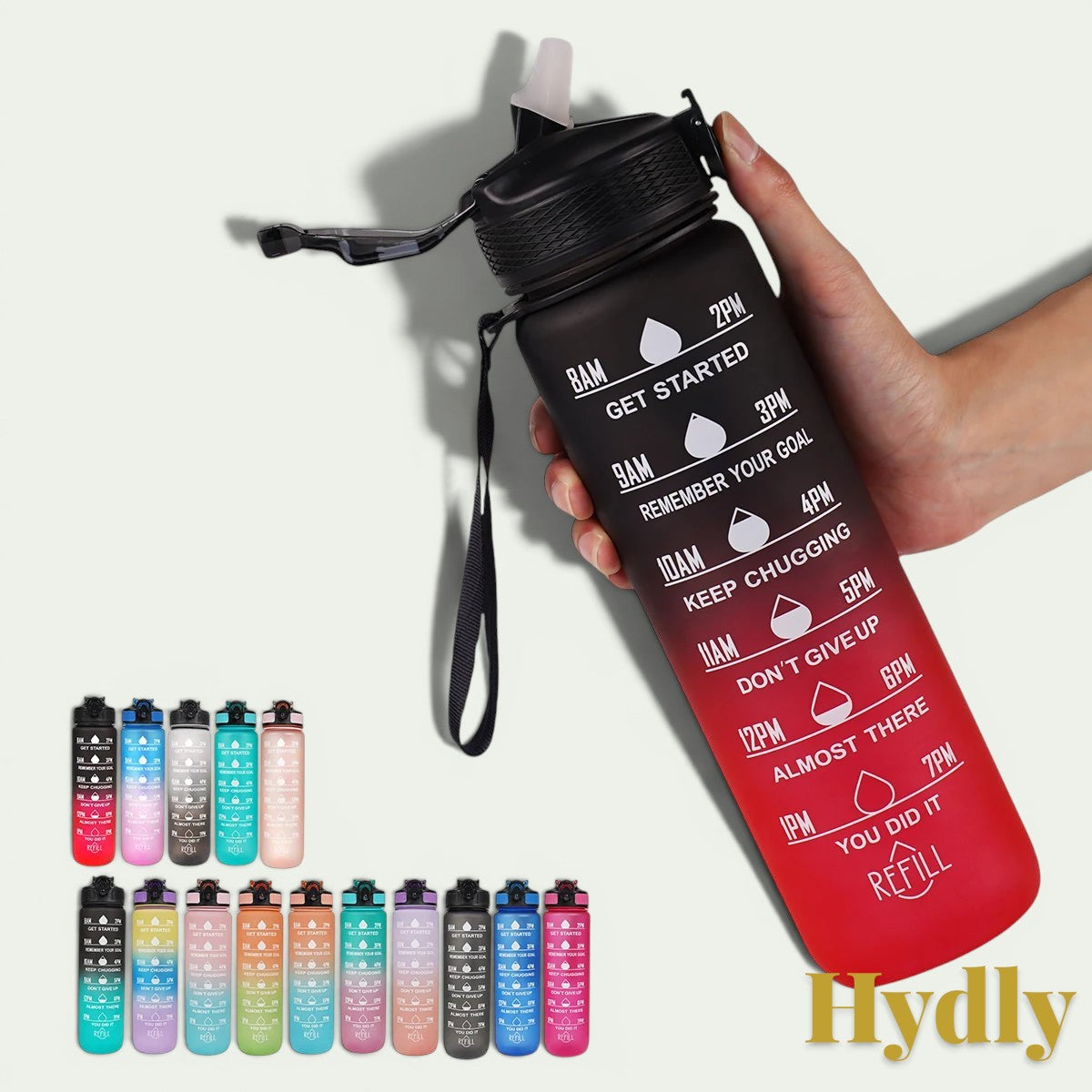 Gr8est 1L motivational water bottle in black and red gradient with time markers, straw, and leak-proof lid.