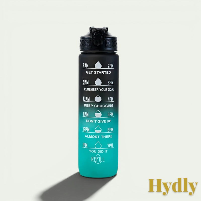 Gr8est 1L motivational water bottle in black to teal gradient with time markers and straw for gym and hiking