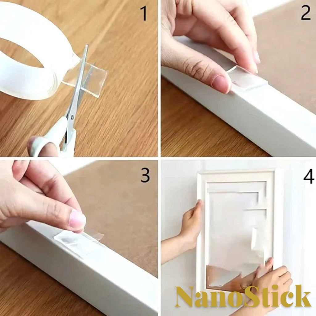 Gr8est heavy-duty nano double-sided tape being cut with scissors and applied to a picture frame for wall mounting.