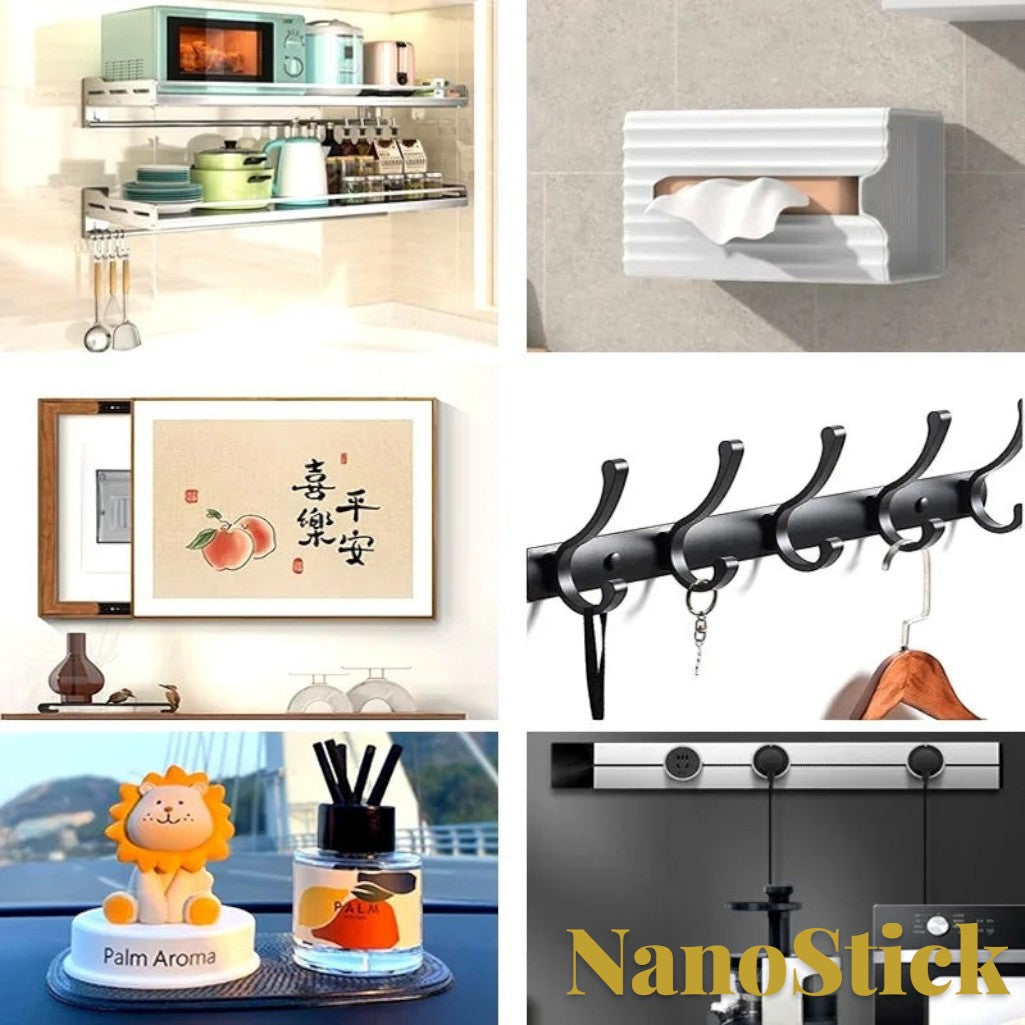 Gr8est heavy-duty nano double-sided tape used for mounting kitchen shelves, wall decor, hooks, and car accessories.