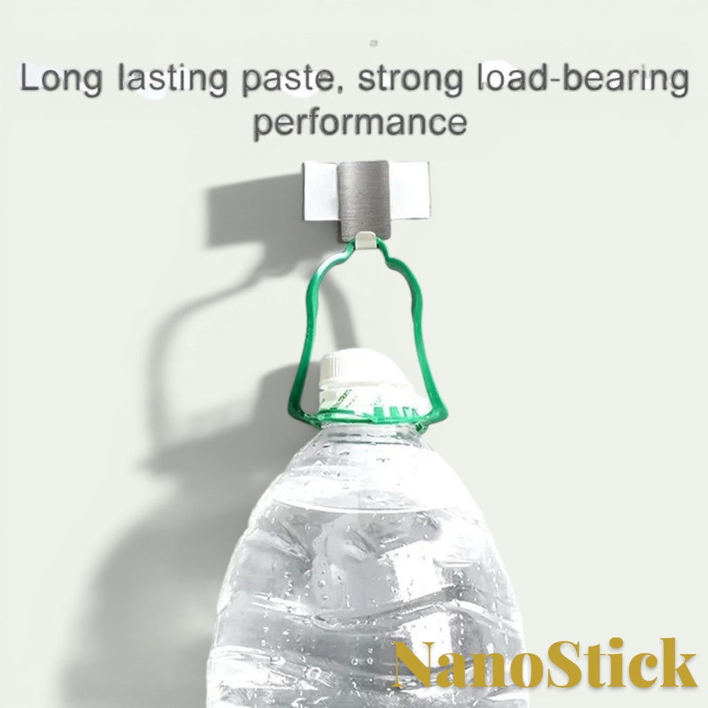 Gr8est heavy-duty nano double-sided tape holding a metal hook with a heavy water bottle on a white wall