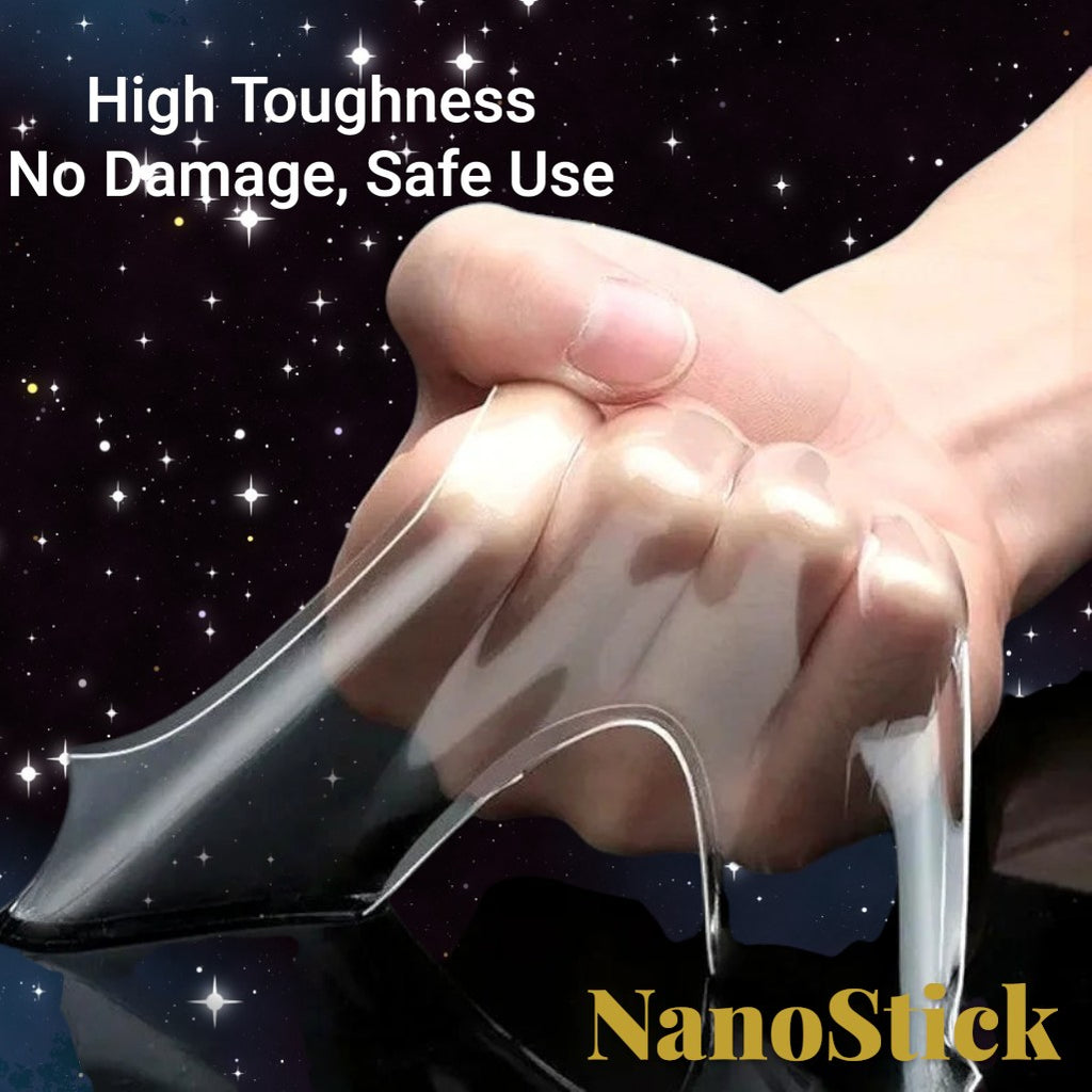 Gr8est heavy-duty transparent nano double-sided tape being stretched by a hand to show high toughness and flexibility.