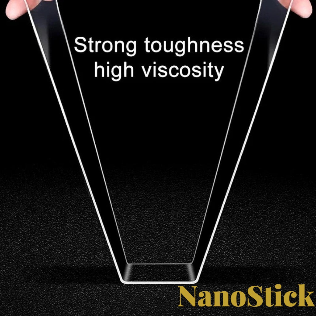 Gr8est heavy-duty transparent nano double-sided tape being stretched to demonstrate high viscosity and strength